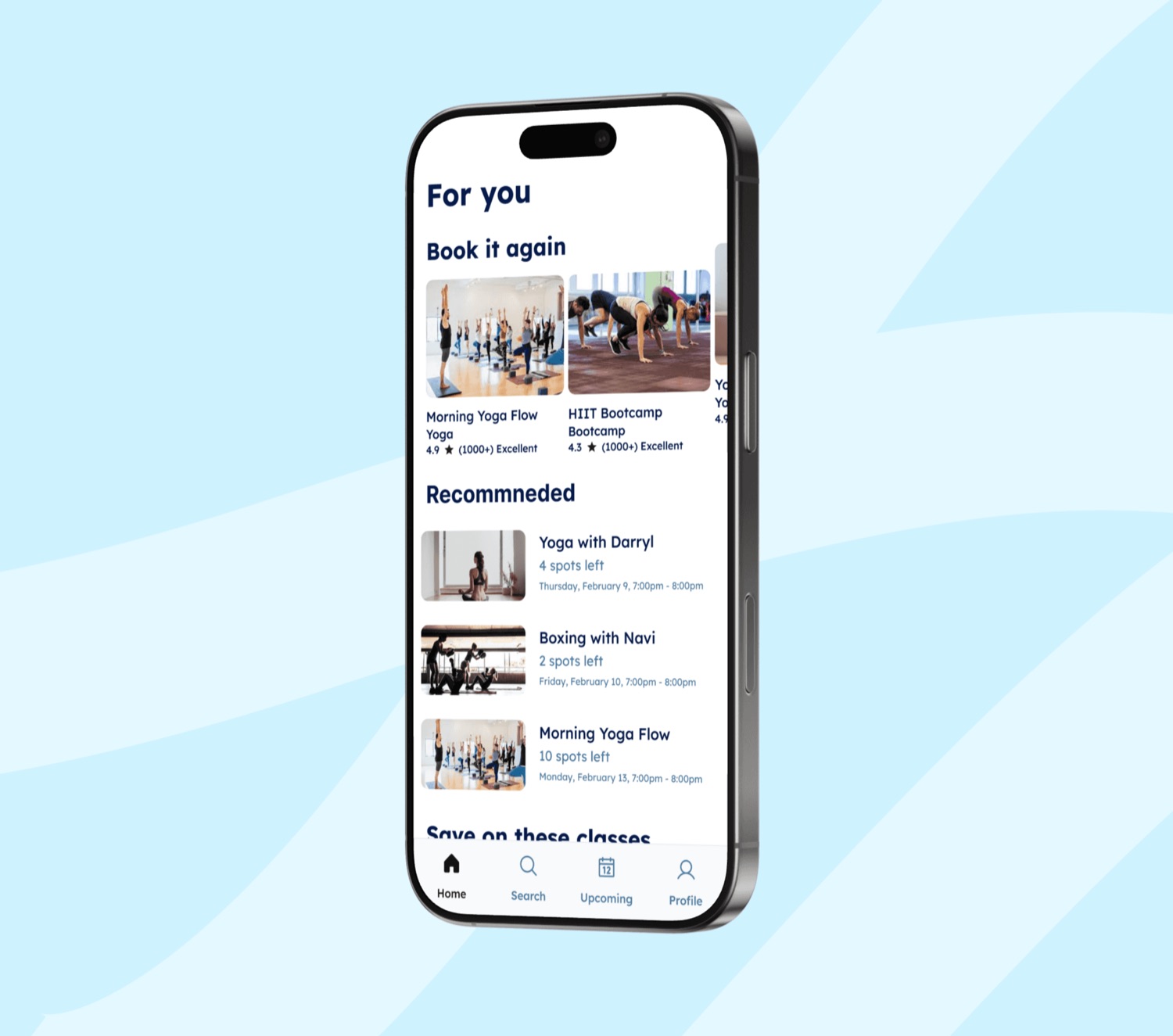 The fitness app on a phone, showing recommended classes with times, ratings and remaining spots